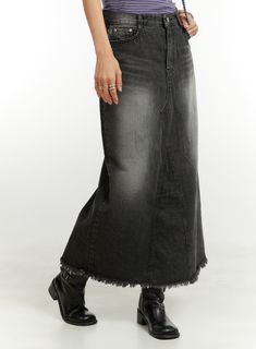 destroyed-hem-denim-maxi-skirt-cu421 / Black Distressed Cutoff Denim Skirt For Fall, Fall Distressed Cutoff Denim Skirt, Casual Ripped Denim Skirt For Fall, Edgy High Waist Distressed Denim Skirt, Edgy High-waist Distressed Denim Skirt, Edgy Cotton Cutoff Denim Skirt, Edgy Frayed Hem Denim Skirt For Fall, Distressed Cotton Denim Skirt For Fall, Black Denim Skirt With Frayed Hem In Grunge Style