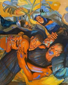 an oil painting of three people laying on top of each other