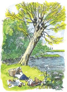 a drawing of people sitting under a tree by the water