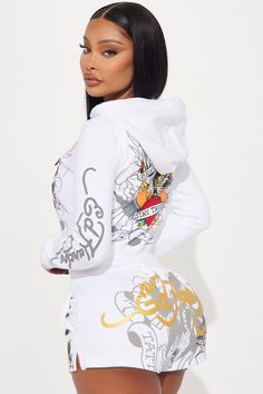 Available In White. Zip Front Hoodie Long Sleeve Ed Hardy Graphic Front, Back, And Sleeve Screen Drawstrings Stretch Pair To "Ed Hardy Brave Eagle Shorts" Disclaimer: Due To The Printing Process A Difference In Saturation May Occur. Each Garment Is Unique. 53% Cotton 47% Polyester Imported | Ed Hardy Brave Eagle Zip Front Hoodie in White size Small by Fashion Nova Fitted White Hoodie Sweatshirt, White Fitted Hoodie Sweatshirt, White Fitted Hoodie, Fitted White Sweatshirt For Streetwear, White Fitted Sweatshirt For Streetwear, Trendy Fitted White Sweatshirt, White Fitted Trendy Hoodie, Fitted White Hoodie For Winter, Fitted White Hoodie For Fall