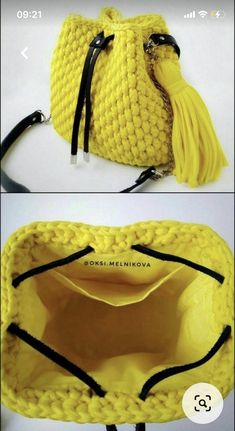 a yellow purse is shown with black trims and has a tasselled handle