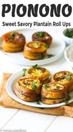 sweet savory plantain roll ups on a white plate with text overlay