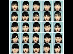 many different images of the same woman's face, with black hair and bangs