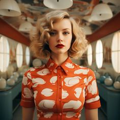 a woman with blonde hair wearing an orange and white shirt in a room full of windows