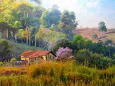 a painting of a house in the middle of a field with trees and bushes around it