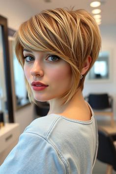 30 Chic & Modern Pixie Short Haircut Inspirations Short Angled Bob With Bangs, Copper Short Hair, Pixie Short Haircut, Blonde Short Pixie, Short Inverted Bob Haircuts, Long Pixie Bob, Modern Pixie, Fresh Hairstyles, Edgy Short Haircuts