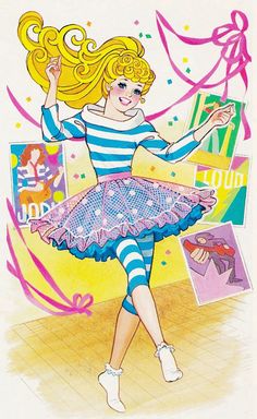 a drawing of a girl in a blue and white striped dress with her hair blowing