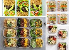 four pictures show different types of salads in plastic containers and on the same table