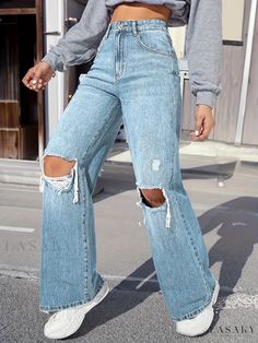 Lasaky - Womens Casual Boyfriend Jeans: Blue Wide-Leg Jeans with Ripped Holes, Loose Fit and Slant Pockets - Denim Clothing Casual Light Blue Distressed Jeans, Trendy Ripped Light Blue Jeans, Denim Outfit, Autumn Summer, Boyfriend Jeans, Wide Leg Jeans, Wide Leg Pants, Dress Length, Casual Women