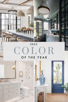 the color of the year is white, blue and gold in this home's interior