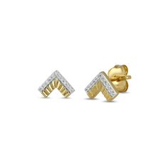 A refined design with clever details, these diamond stud earrings make creating a chic look easy. 24K gold vermeil Each chevron-shaped earring features a row of diamonds atop a sculpted, textured ribbon 1/20 ct. t.w. of diamonds Friction backs Classic Gold Earrings With Single Cut Diamonds, Modern Gold Earrings With Diamond Accents, Modern Gold Diamond Earrings For Anniversary, Gold Earrings With Single Cut Diamonds For Anniversary, Modern Gold Earrings With Prong Setting, Chevron Earrings, Diamond Stud Earrings, Diamond Stud, Chic Look