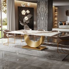 an elegant dining room with marble tables and chairs