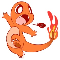 an orange cartoon character with fire coming out of his mouth and arms, holding onto a flame