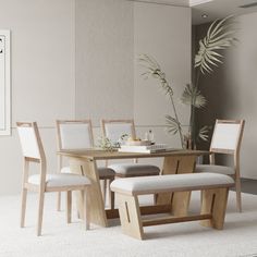 a dining room table with four chairs and a bench in front of a plant on the wall