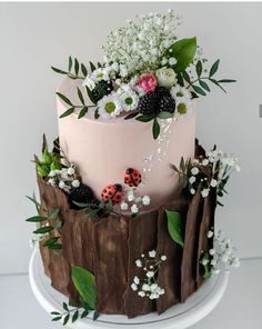 a three tiered cake decorated with flowers and ladybugs