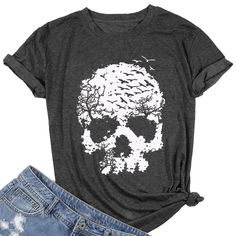 PRICES MAY VARY. Material: Skull Shirts for Women is made of cotton blend, this loose fit vintage graphic tees for women is super soft and perfect fit! Soft, comfortable and lightweight, breathable and stretchy fabric ideal for relaxed casual everyday wear. Features: Women skull shirts, Casual round neck short sleeve summer tops, Womens graphic tees funny cotton, Skull print shirts Halloween Gift t-shirts, Vintage novelty shirts for women, Women casual tshirts loose fit style. Fashion Match: Thi Skull Shirts For Women, Skeleton Funny, Women Skeleton, Halloween Tee Shirts, Gothic Shirts, Graphic Tank Tops, Halloween Shirts, Skull Shirts, Vintage Graphic