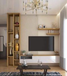 a living room filled with furniture and a flat screen tv on top of a wooden shelf