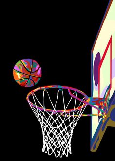 a basketball is going through the hoop in front of a basketball net with colorful paint splatters on it