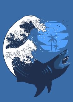 the great wave is in front of an image of a shark with its mouth open