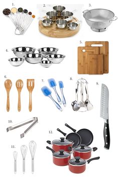 an assortment of kitchen utensils including pots and pans