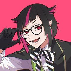 an anime character with pink hair wearing glasses and a black jacket, holding his hand up to his ear