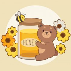 a brown teddy bear sitting next to a jar of honey with bees on it's side