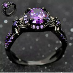 Brand New Amethyst Double Flower Eternity 18k Black Gold Filled Rhodium Ring. New To Poshmark? Use Referral Code Kimberlyn222 To Receive $10. Amethyst Birthstone Ring, Gothic Engagement Ring, Gold Amethyst Ring, Amethyst Birthstone, Black Gold Ring, Black Gold Jewelry, Gold Color Ring, Flower Engagement Ring, Gold Filled Ring