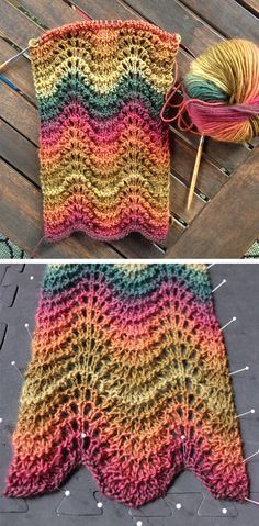 there is a crocheted blanket and yarn on the floor next to it are two pictures