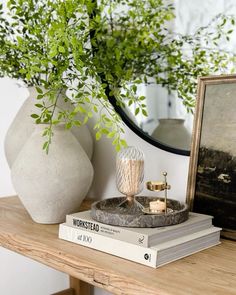 two vases with green plants are sitting on a table next to books and a mirror