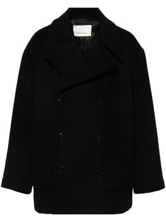 black wool blend double-breasted button fastening spread collar shoulder pads long sleeves two side patch pockets full lining straight hem Modern Black Wool Coat With Button Closure, Black Double-breasted Wool Coat For Work, Black Peacoat With Double Button Closure, Oversized Wool Pea Coat With Button Closure, Black Wool Coat With Double-breasted Buttons, Black Double-breasted Peacoat With Button Closure, Black Notch Lapel Pea Coat For Work, Black Wool Coat With Double Button Closure For Work, Black Wool Coat With Double Button For Work