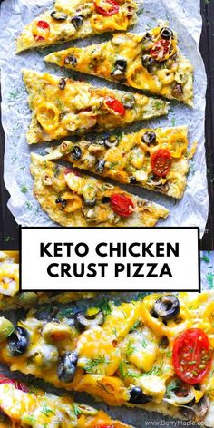 keto chicken crust pizza with tomatoes and olives