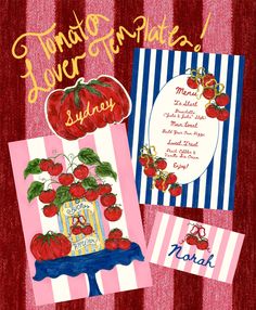 two cards with tomatoes on them and the words tomato power station written in gold lettering