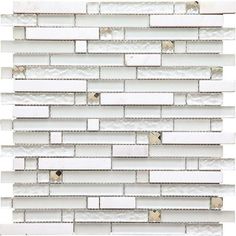 white glass and metal mosaic tile backsplash with holes in the middle, on a white background