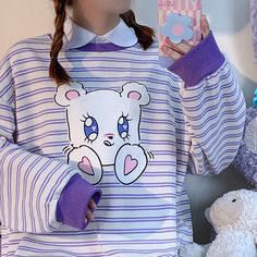 Product ID: JW3753 
 Material: Cotton 
 Color: Purple 
 Size: 
 M  Bust 122cm, Sleeve 52cm, Length 64cm 
 L    Bust 124cm, Sleeve 54cm, Length 64cm www.ccovv.com Fluffy Bear, Mha Dr, Bear Mask, Striped Sweatshirt, Sparkly Eyes, Trendy Sweaters, Striped Sweatshirts, Bear Print, Oversized Sweatshirt