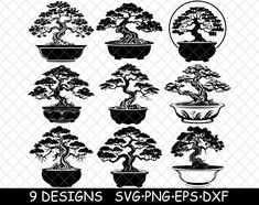 nine bonsai tree silhouettes in different shapes and sizes