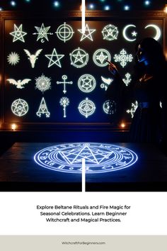 Mystical symbols illuminated on a wall, with a person in silhouette studying them.