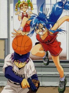 two anime characters are playing with a basketball