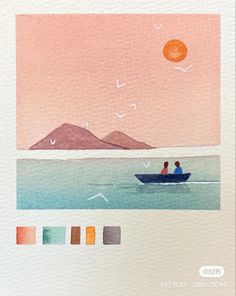 two people in a small boat on the water with birds flying over them and an orange sky