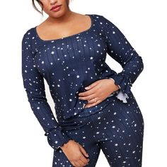 Stay warm this winter with this cozy, knit PJ set. The set includes a long sleeve top with lettuce edge hems and leggings with an elastic waistband, faux placket, and snaps. Matching Leggings, Sleepwear Sets, Shooting Stars, Pj Sets, Getting Cozy, Relaxed Style, Star Print, Tops For Leggings, Stay Warm