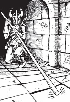 a black and white drawing of a person with a broom in front of a brick wall