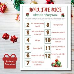 a printable holiday gift exchange game with presents on the table and christmas decorations around it