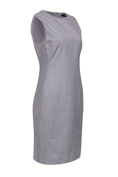 Classic Sleeveless Stretch Dress, Classic Fitted Sleeveless Dress, Classic Fitted Sleeveless Dress With Flattering Silhouette, Tailored Sleeveless Dress For Workwear, Elegant Tailored Sleeveless Dress, Tailored Sleeveless Business Dress, Sleeveless Office Dress With Flattering Silhouette, Classic Sleeveless Office Dresses, Fitted Gray Knee-length Dress