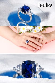 This stunningly beautiful three stone engagement ring would make anyone thrilled to receive it! The deep blue sapphire accented with two gorgeous white stones set in polished sterling silver provides a look that is very modern and classic at the same time! This ring is very fashionable and can add a touch of style to any outfit, yet it is also classy enough to pair easily with formal wear. This ring would be the perfect gift for yourself or your loved one! Biscotti Cookies, Three Stone Engagement Ring, White Stones, Stone Engagement Ring, Three Stone Engagement, Three Stone Engagement Rings, Stone Engagement, Three Stone, Cushion Cut