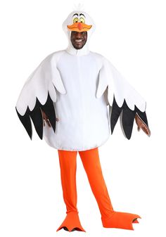 a man in an orange and white costume is dressed up as a duck with large black wings