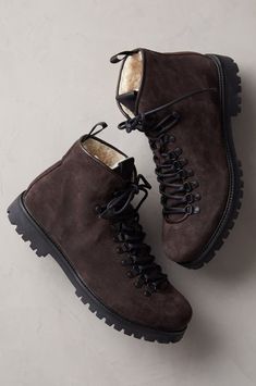 Men’s Jesse Shearling-Lined Suede Leather Hiker Boots | Overland Clear Autumn, Winter Boots For Men, Mens Winter Shoes, Boots Outfit Men, Men Boot, Crochet Men, Rugged Boots, Fashion Reference, Hiker Boots