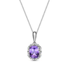 This gorgeous amethyst necklace is a spectacular choice for day or evening. Crafted in sterling silver The center shimmers with a bright cushion-cut amethyst White lab-created sapphires create a sparkling arabesque frame The pendant suspends from an 18-inch box chain that secures with a spring ring clasp Formal Cushion Cut Gemstone Necklace, Purple Cushion Cut Fine Jewelry, Fine Jewelry With Cushion Cut Amethyst, Cushion Cut Amethyst Fine Jewelry, Fine Jewelry Cushion Cut Amethyst, Purple Amethyst Necklace With Diamond Accents, Classic Cushion Cut Purple Jewelry, Formal Amethyst Cushion Cut Jewelry, Classic Purple Cushion Cut Jewelry