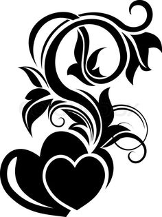 a black and white tattoo design with flowers, hearts and swirls on the side