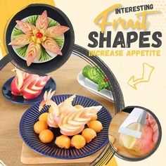 an advertisement for fruit shapes on a wooden table