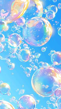 soap bubbles floating in the air on a blue sky with white and yellow swirls