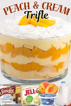 peach and cream trifle cake with yogurt toppings